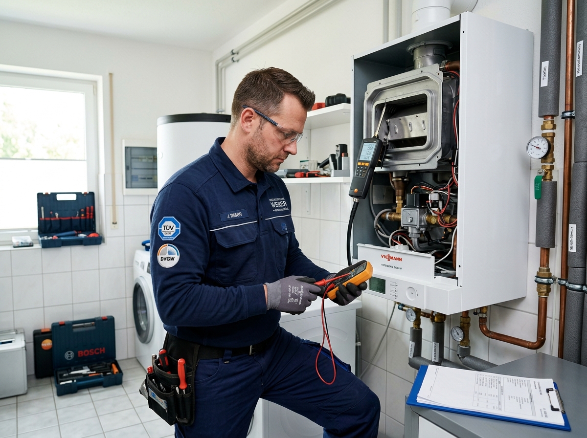 Plombier chauffagiste contrôlant la pression d’eau pendant un diagnostic